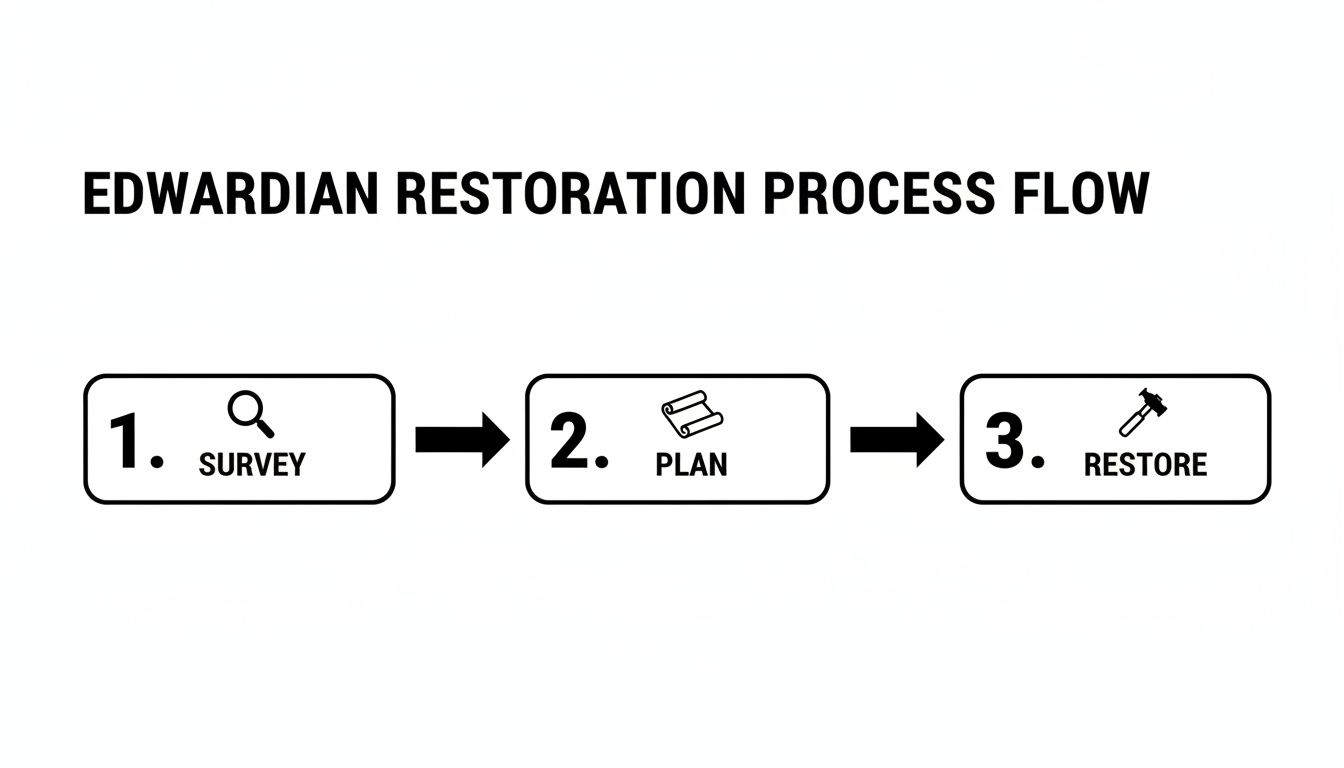 A clear flowchart illustrating the Edwardian restoration process, outlining survey, plan, and restore steps.