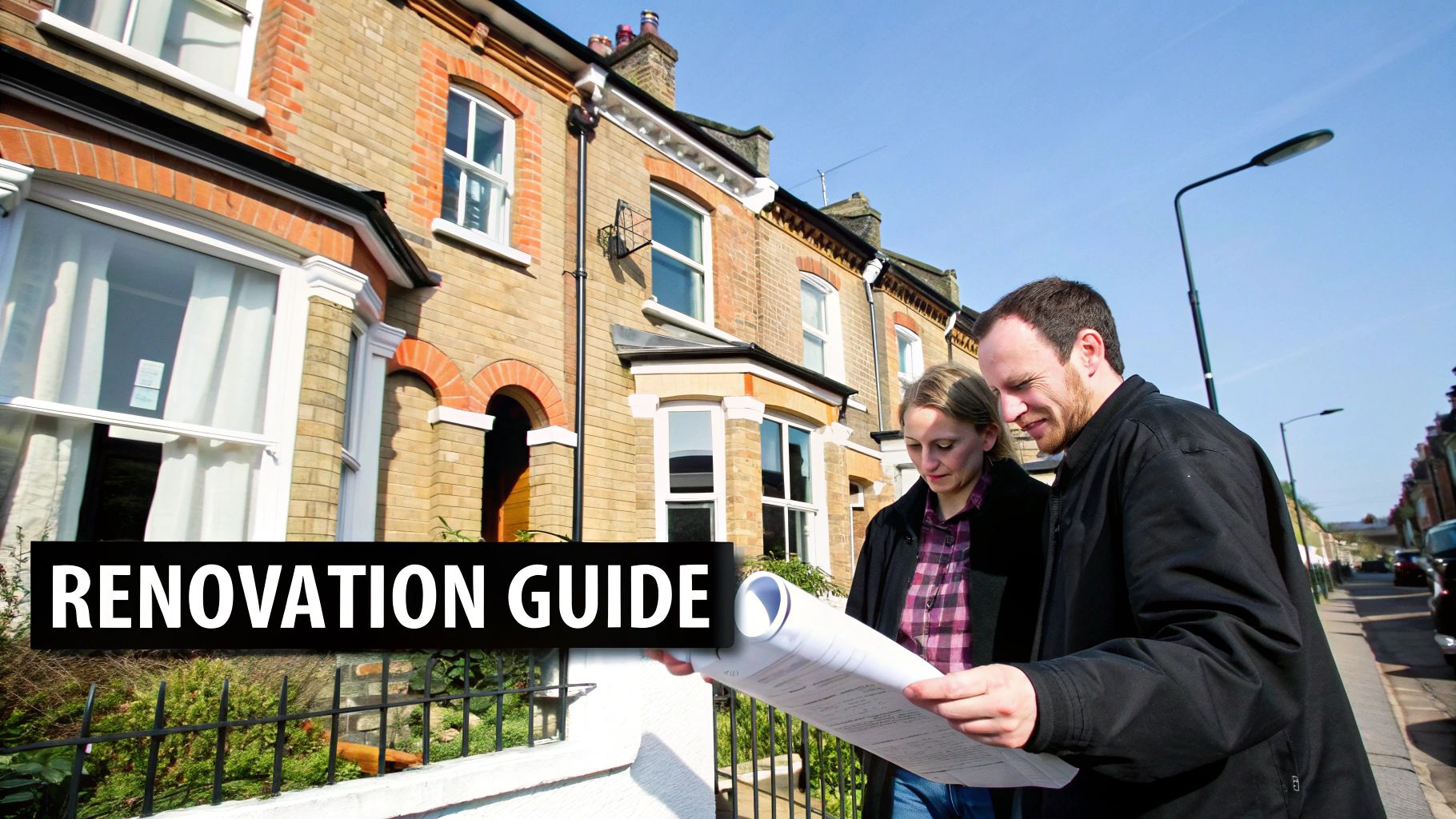 A couple examines renovation plans while standing in front of traditional brick houses.