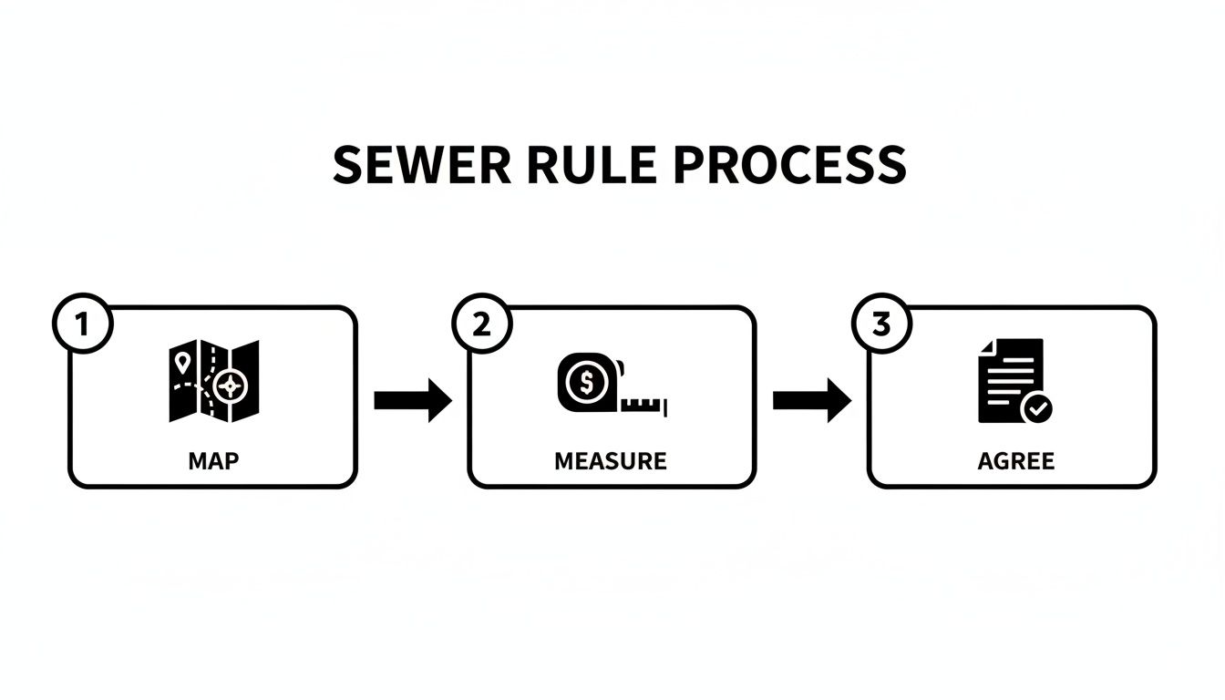 Flowchart showing the three steps of the sewer rule process: mapping, measuring, and agreeing.
