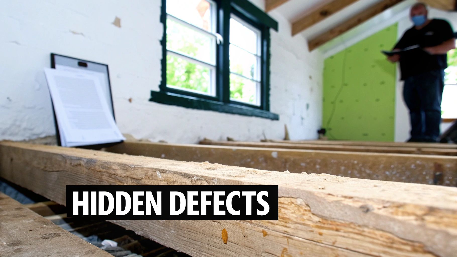 A house inspector examining exposed wooden floor joists and documents, with text 'HIDDEN DEFECTS'.