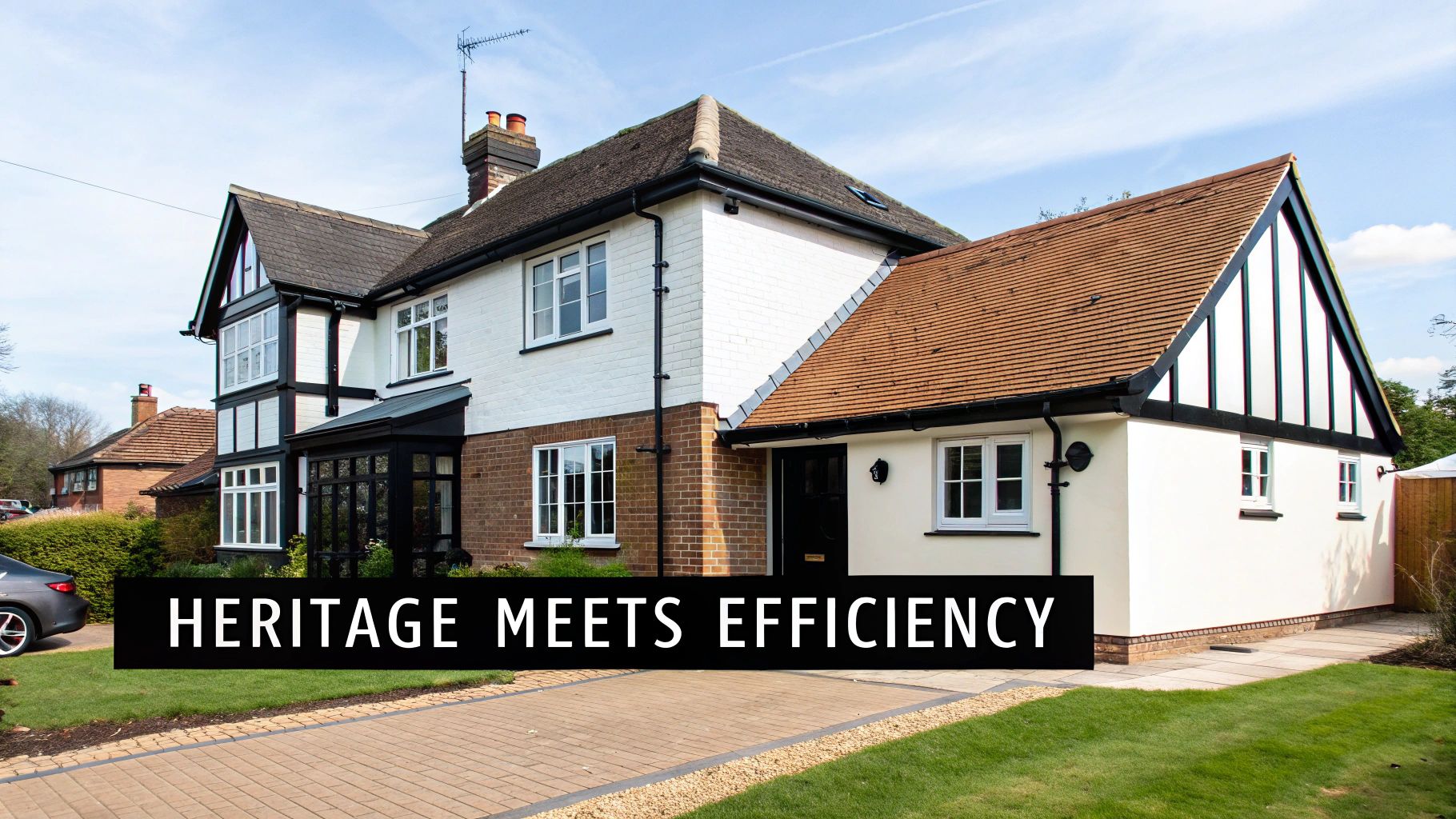 Exterior view of a beautifully renovated house, combining classic heritage style with modern efficiency.