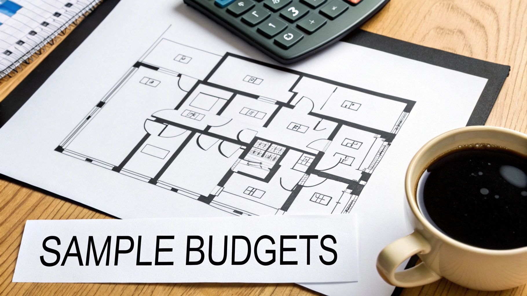 A home floor plan, calculator, and coffee on a desk with 'SAMPLE BUDGETS' text.
