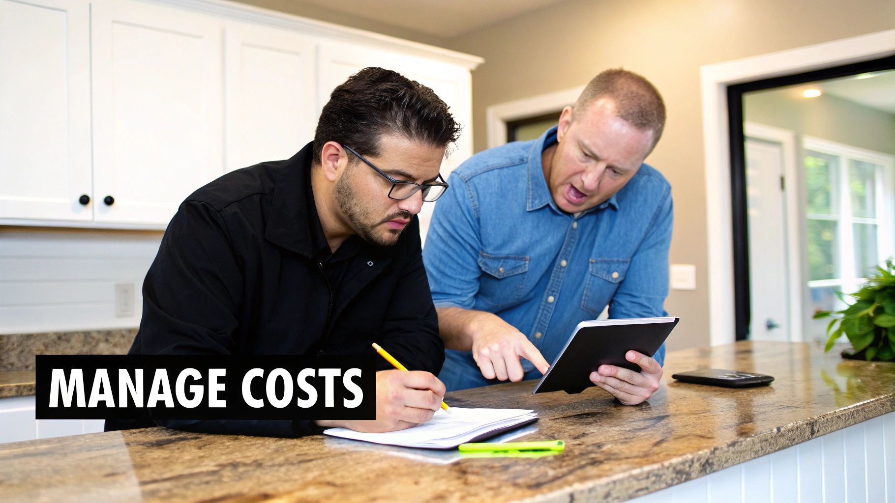 Two men manage costs, one writing notes, the other pointing at a tablet in a home kitchen.