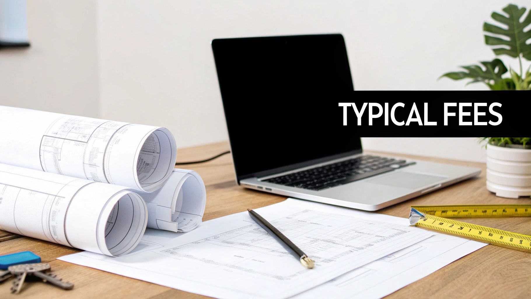A desk with architectural blueprints, a laptop, keys, pen, and measuring tape, with 'TYPICAL FEES' text.