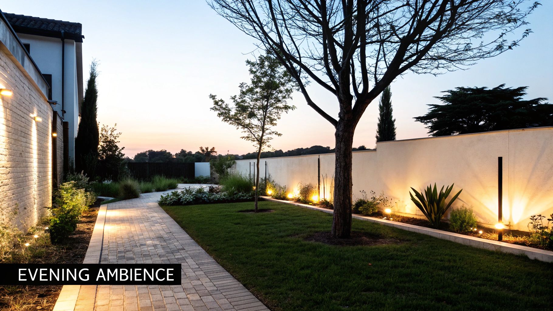 Evening view of a contemporary garden with a lit pathway, lush greenery, and inviting ambient lighting.