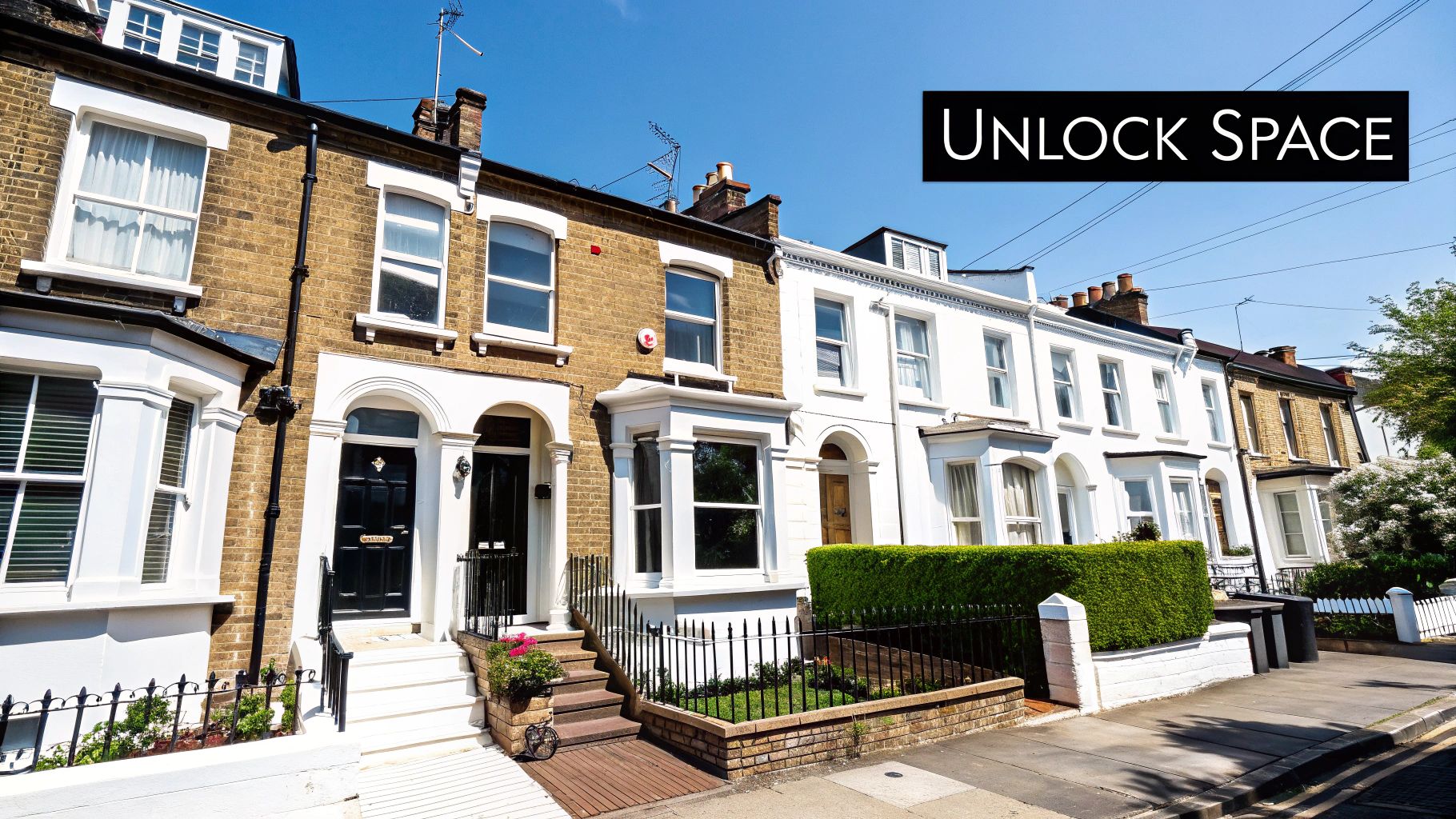 A row of traditional brick and white terraced houses under a clear blue sky with a banner.