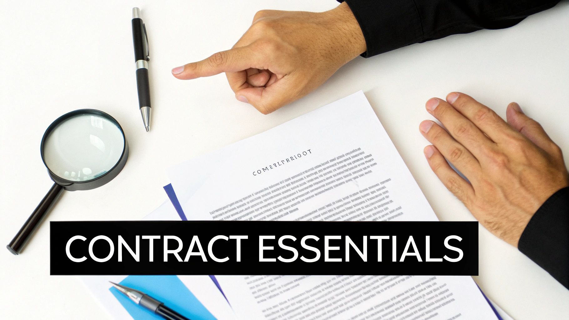 A person's hands reviewing a contract document with a magnifying glass and pen, highlighting 'CONTRACT ESSENTIALS'.