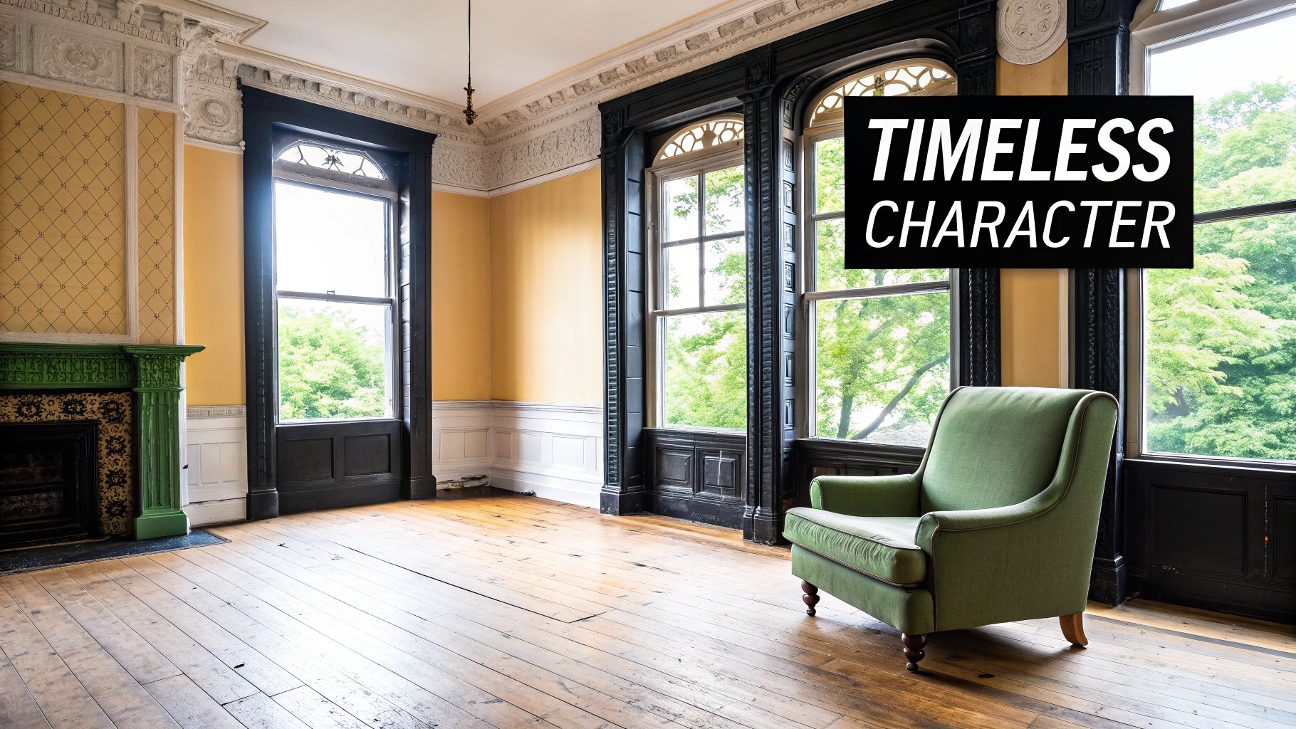A vacant room in a historic home with tall windows, a green fireplace, and a single green armchair.