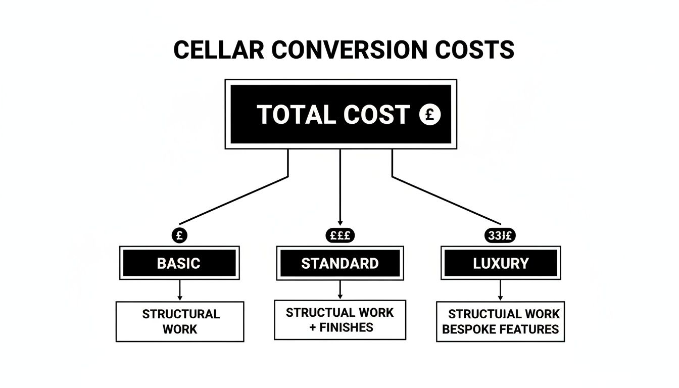 A flowchart diagram illustrating cellar conversion costs, detailing basic, standard, and luxury options.