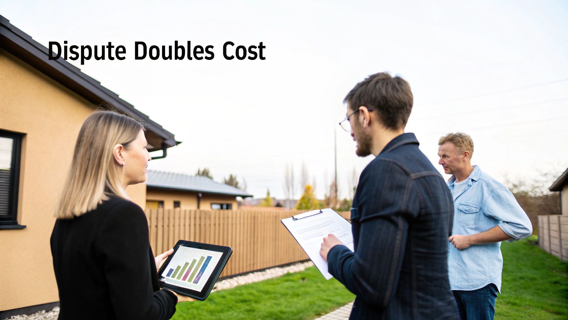 Three people discuss property costs and agreements with data, hinting at a dispute.