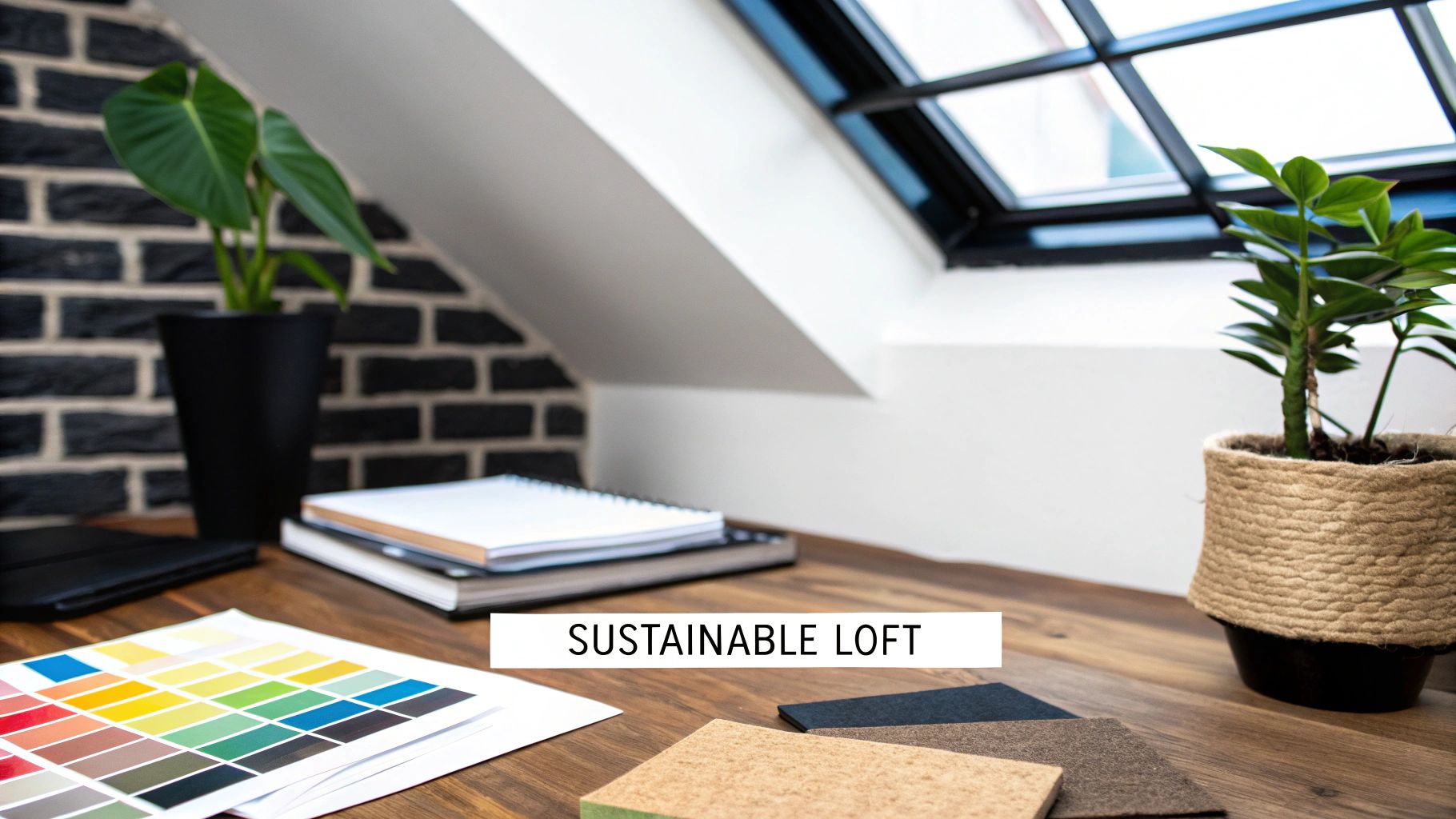 A sustainable loft workspace with plants, color swatches, and eco-friendly fabric samples on a wooden desk.