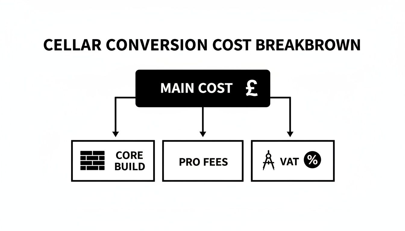 A diagram detailing the cellar conversion cost breakdown into main cost, core build, professional fees, and VAT.