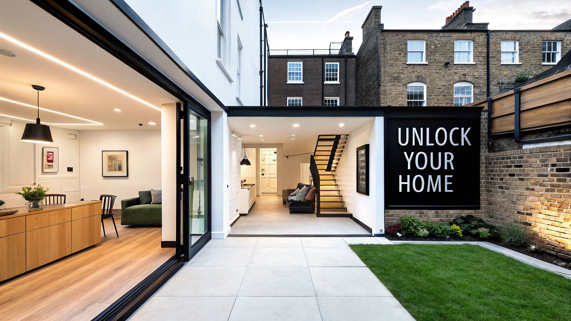 A modern home with an open-plan ground floor leading to a renovated basement and outdoor patio with a lawn.