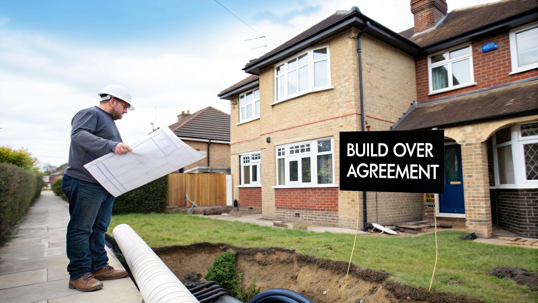 A construction worker examines blueprints near a house, a trench with pipes, and a 'BUILD OVER AGREEMENT' sign.