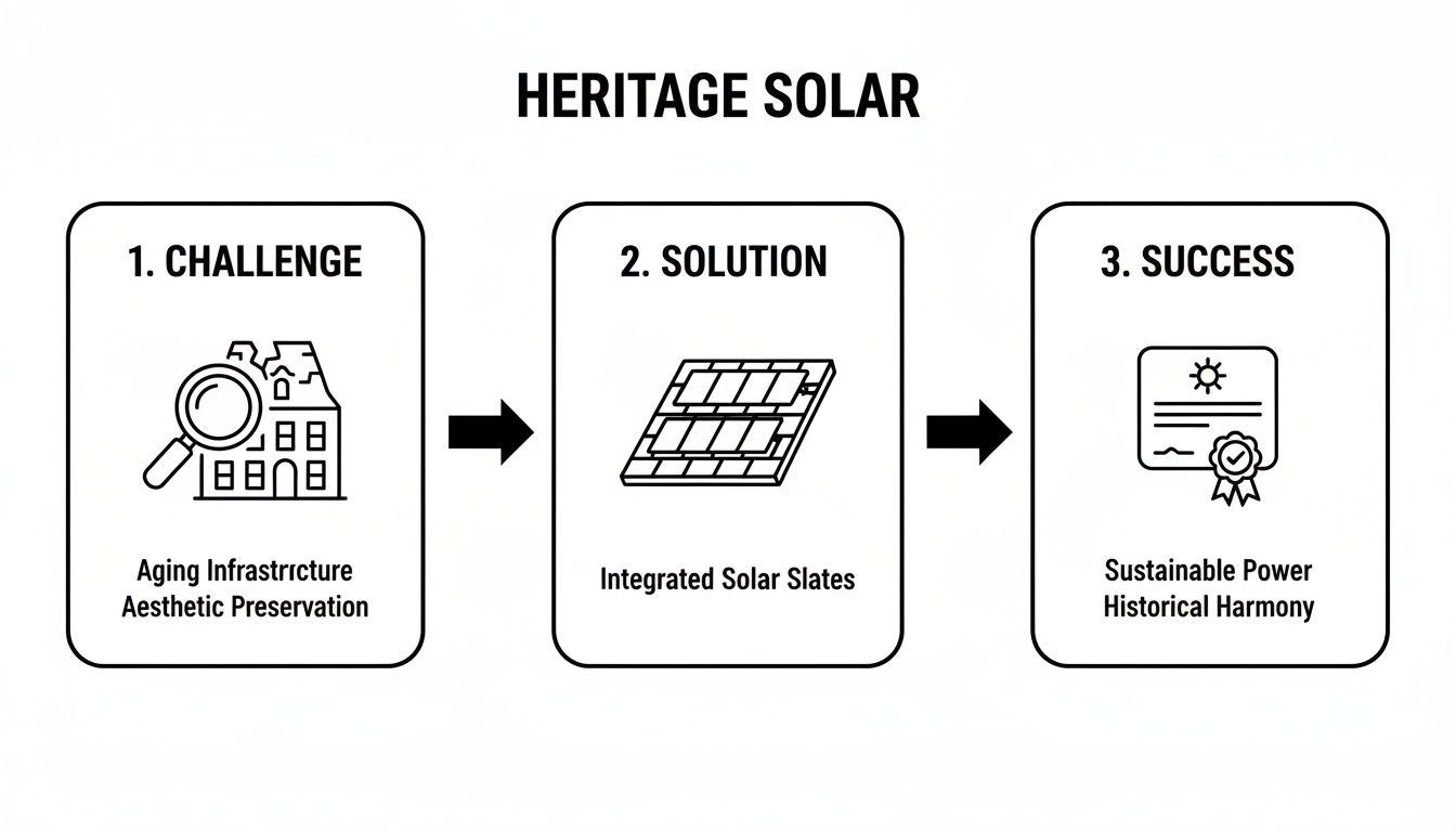 Diagram illustrates Heritage Solar's challenge of aging infrastructure and aesthetic preservation, solved by integrated solar slates, achieving sustainable power and historical harmony.