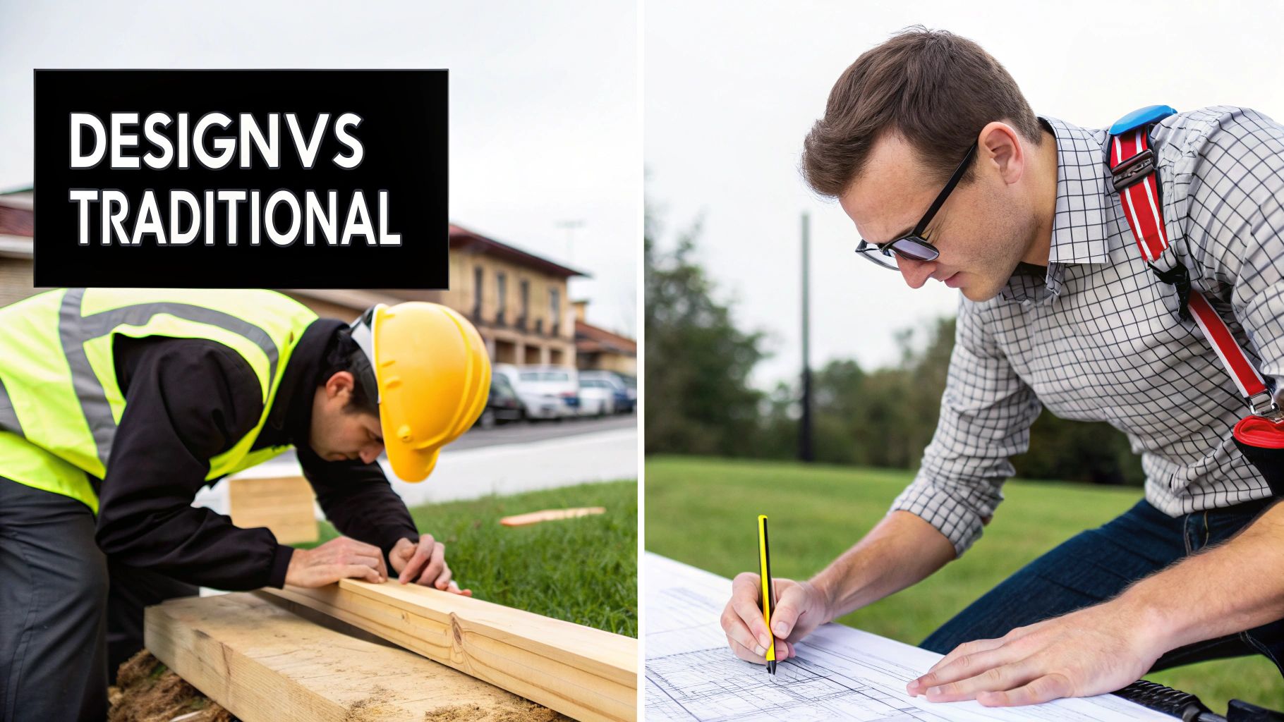 Image contrasting a construction worker measuring wood and an architect designing blueprints outdoors.
