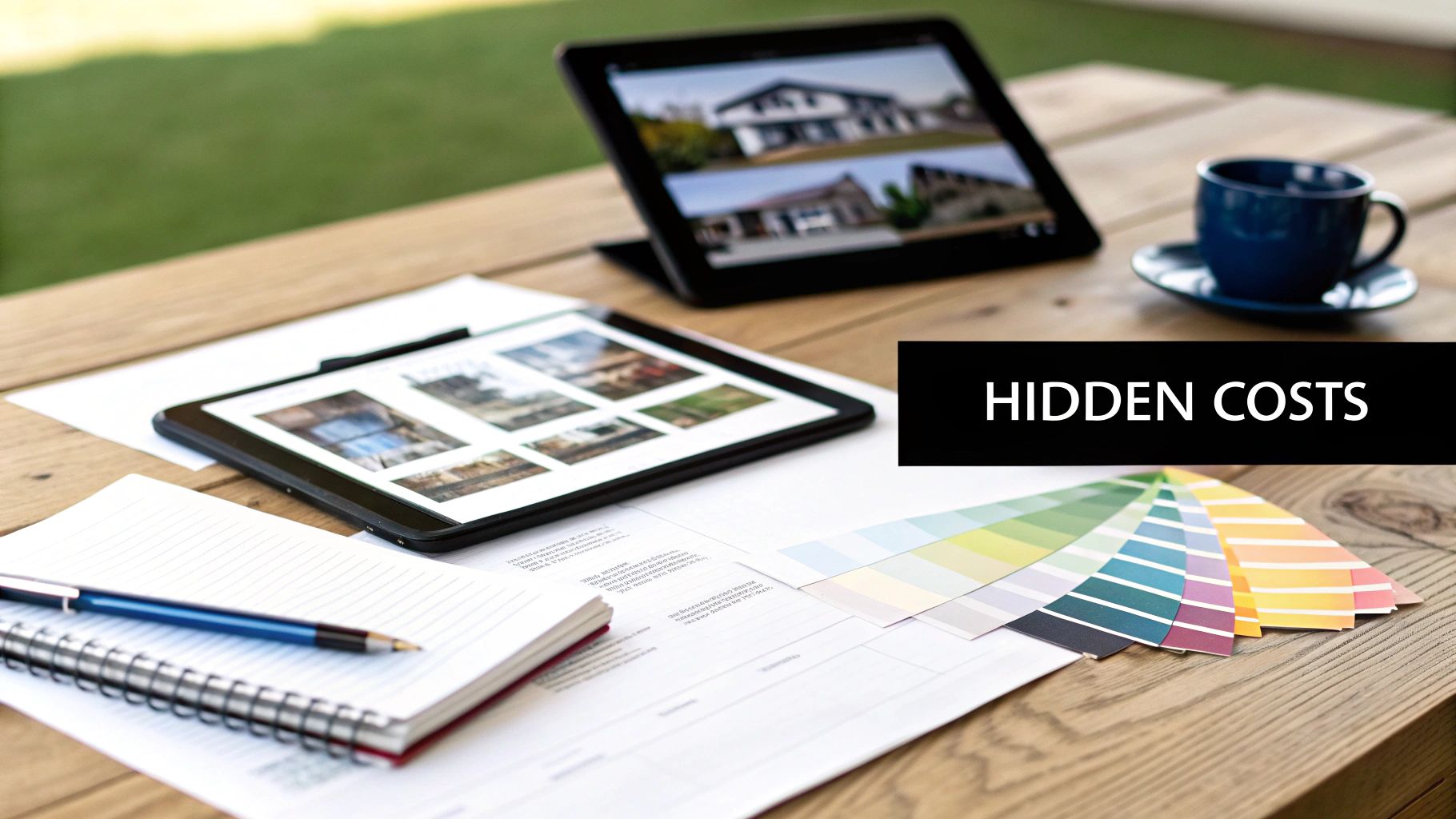 Desk with tablets displaying house designs, color swatches, documents, and a coffee cup, emphasizing hidden costs.