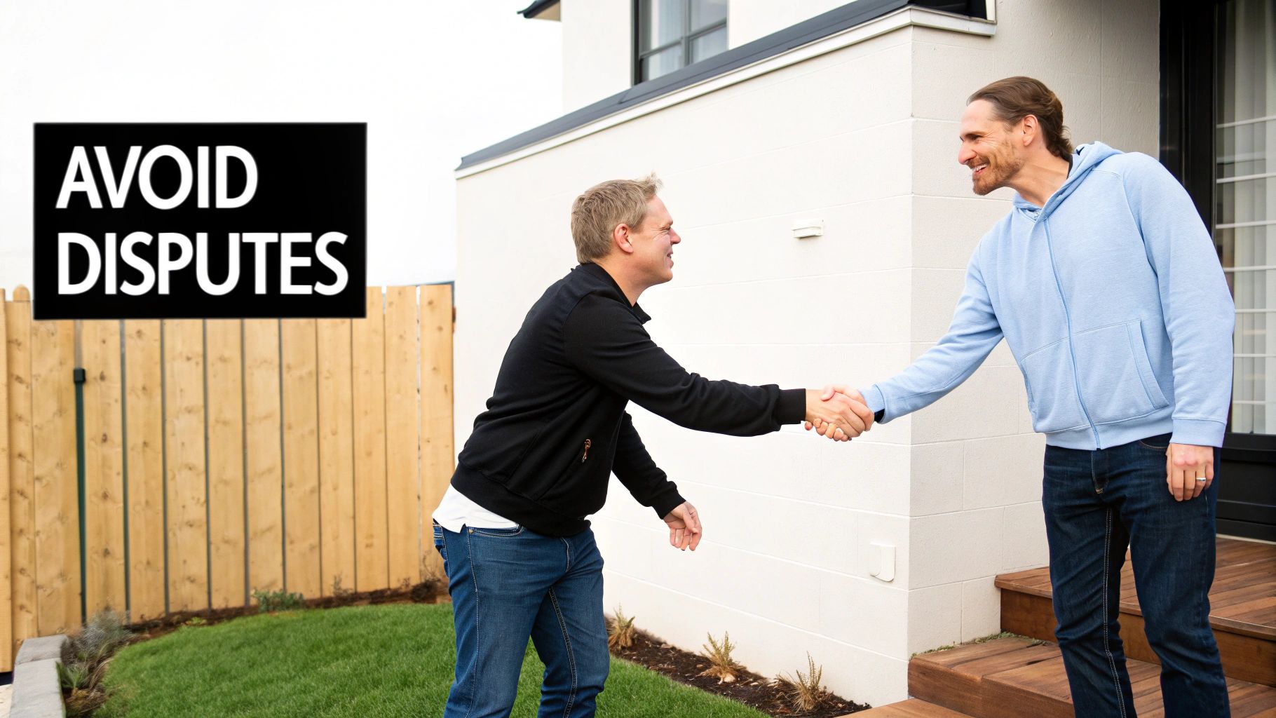 Two smiling men shake hands in front of a house and fence, with 'AVOID DISPUTES' text.