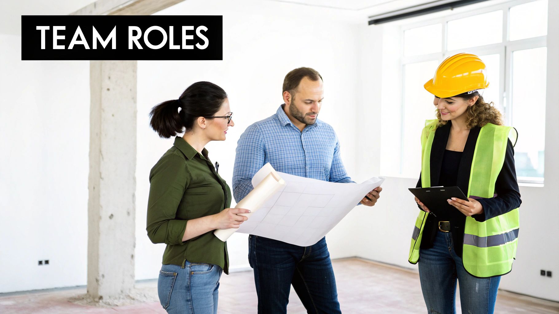 Three construction professionals, including an architect and a worker in a hard hat, reviewing blueprints on a job site.