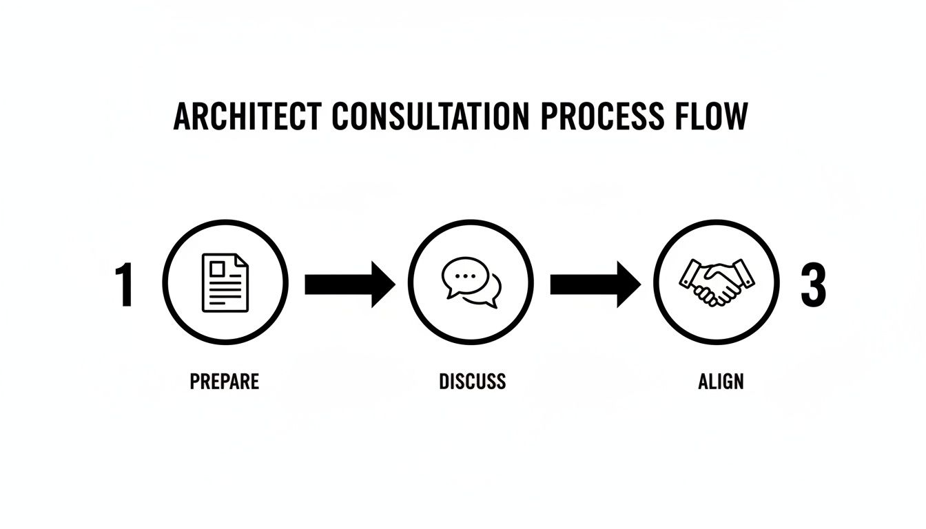 A clear flowchart showing the three-step architect consultation process: Prepare, Discuss, and Align.