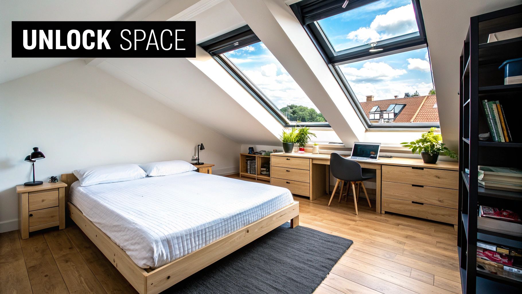 Bright attic bedroom featuring a bed, a desk area under large skylight windows, and a black bookshelf.