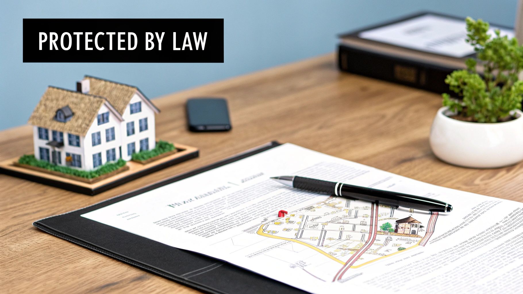 A desk with a house model, legal documents, a pen, and text "PROTECTED BY LAW", symbolizing property rights.