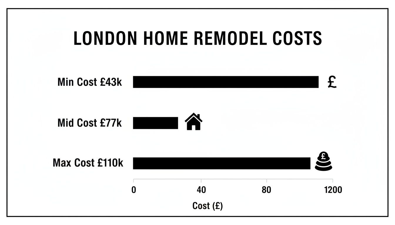 Bar chart detailing London home remodel costs: minimum £43k, mid £77k, maximum £110k.
