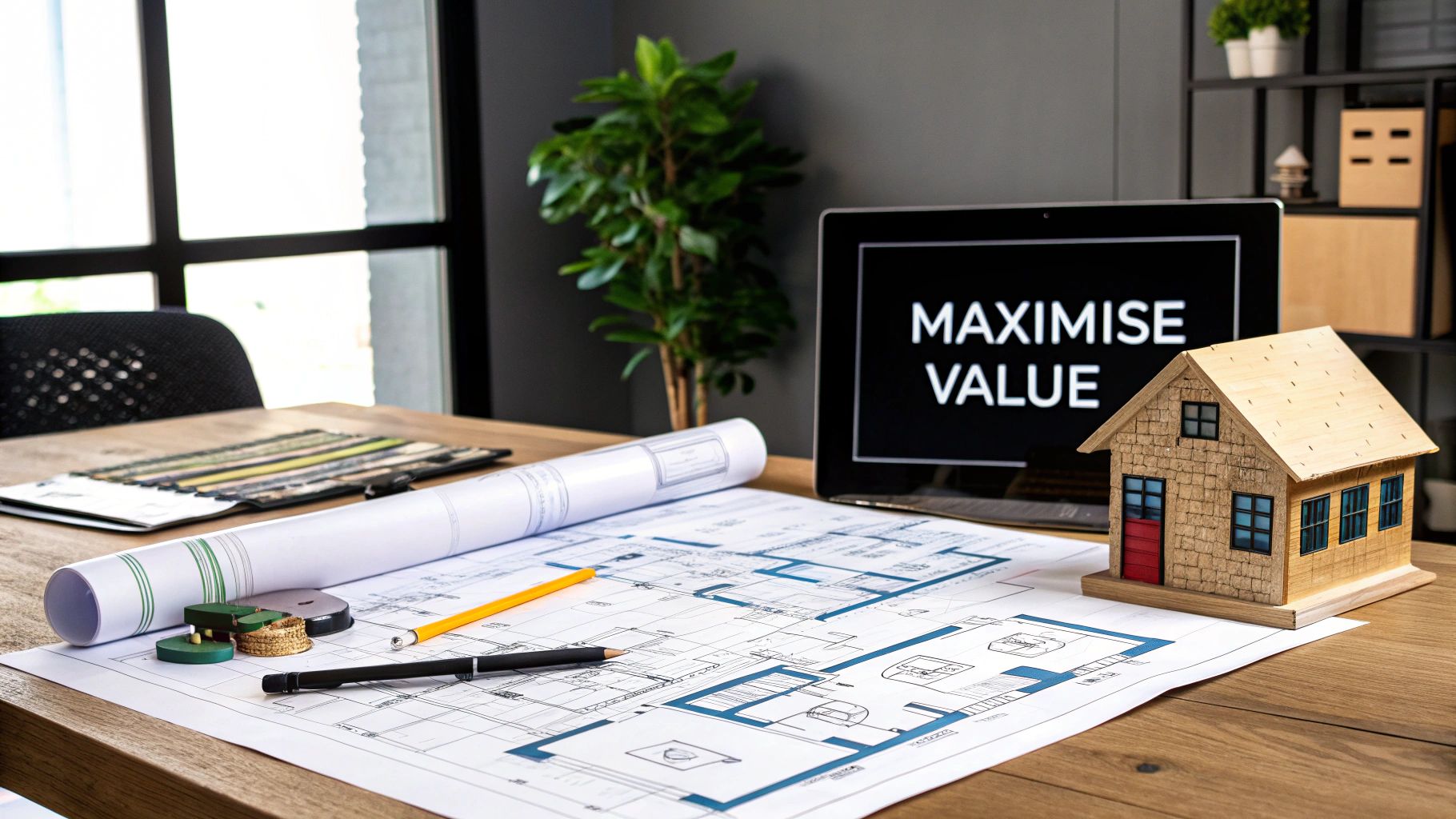 A desk with architectural blueprints, a house model, and a laptop displaying 'MAXIMISE VALUE'.