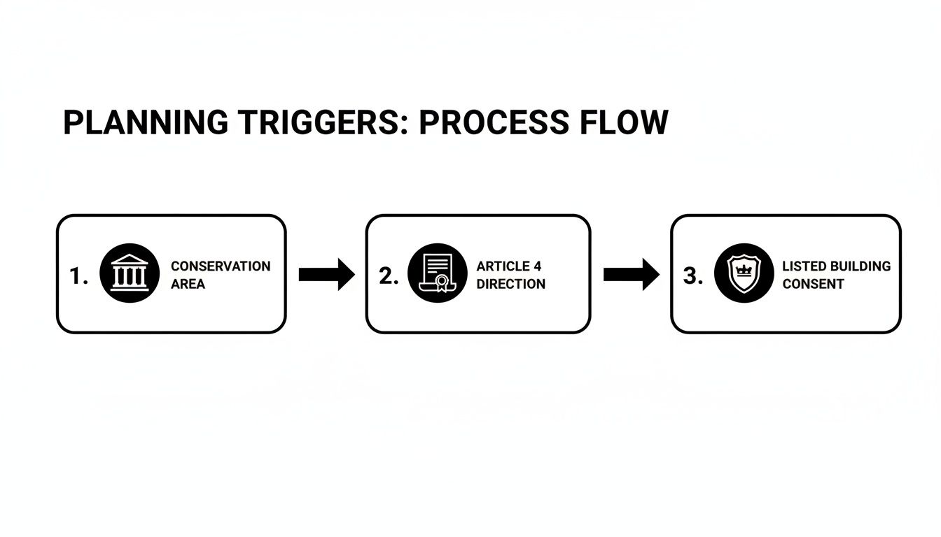 Process flow diagram illustrating planning triggers: conservation area, Article 4 direction, and listed building consent.