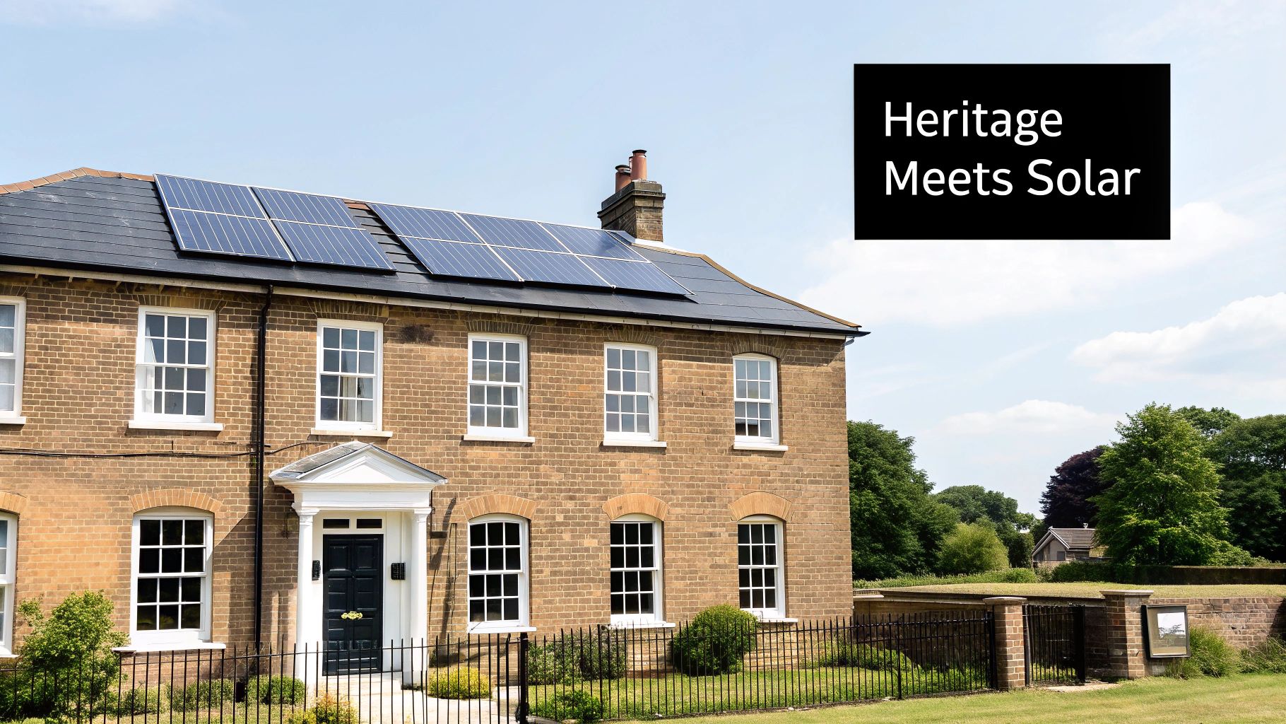 A beautiful heritage brick house fitted with solar panels, showcasing sustainable living.