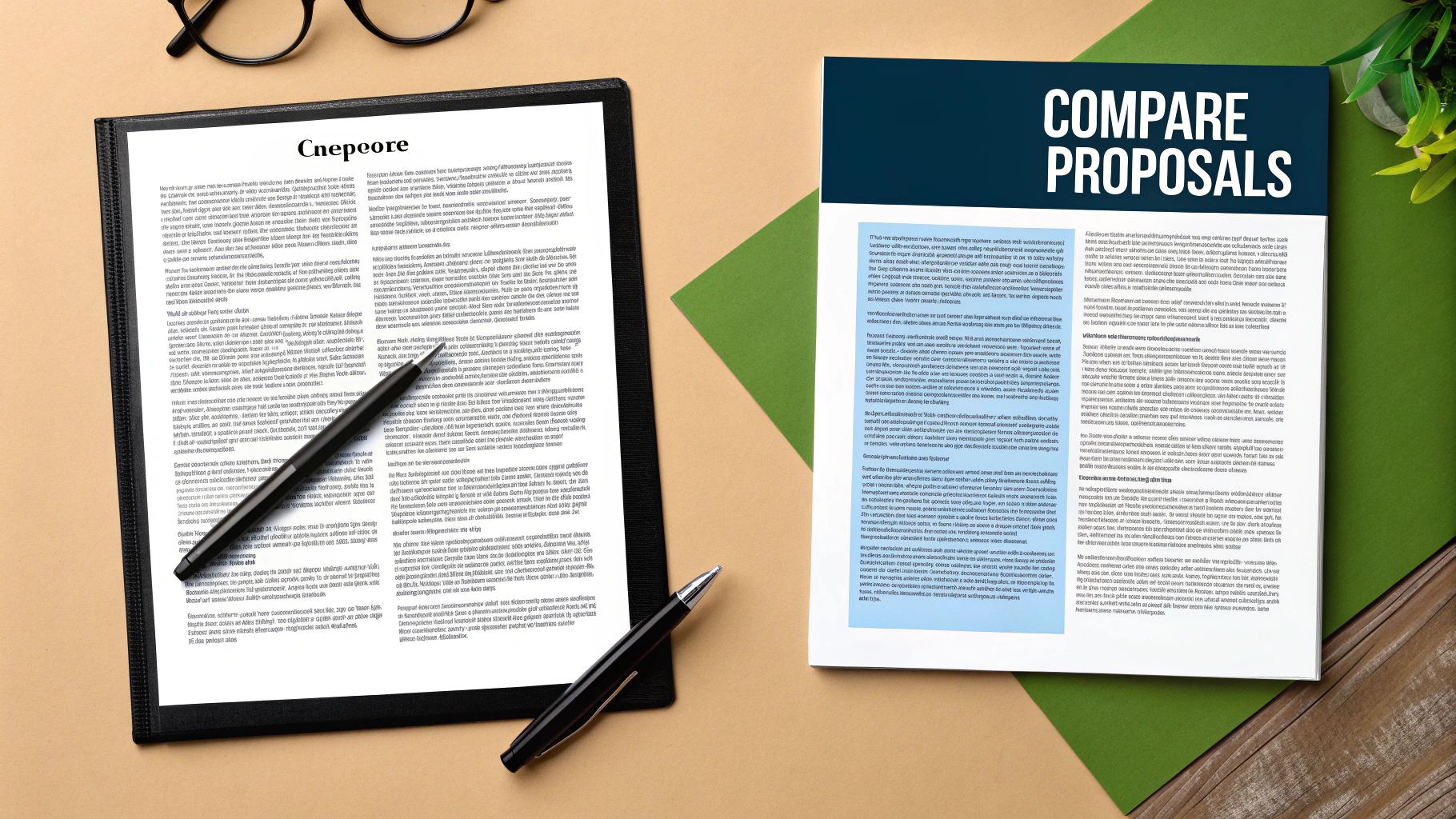 Workspace flatlay with two professional documents, pens, and glasses on a dual-toned surface.