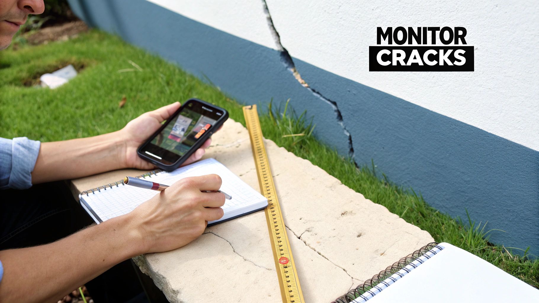 A person inspects a significant crack in a building&#39;s exterior wall, taking notes and using a smartphone.