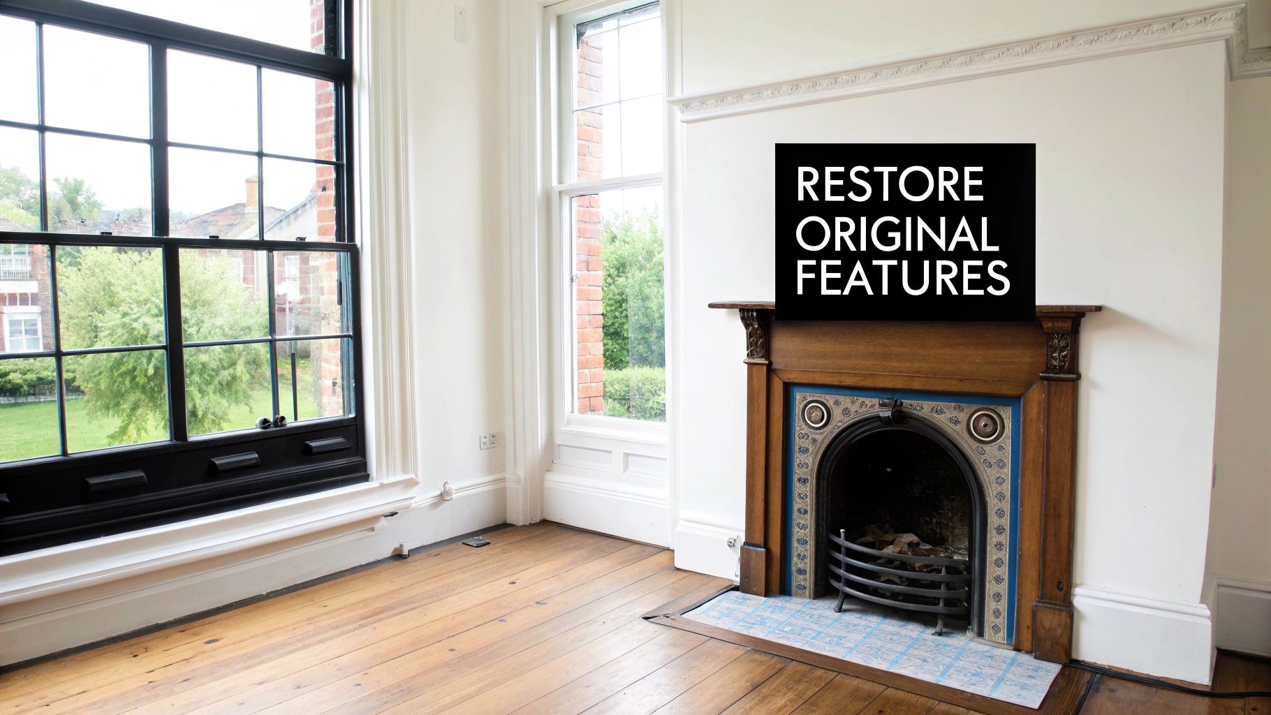 An empty room featuring a classic fireplace, large windows, and text 'RESTORE ORIGINAL FEATURES'.