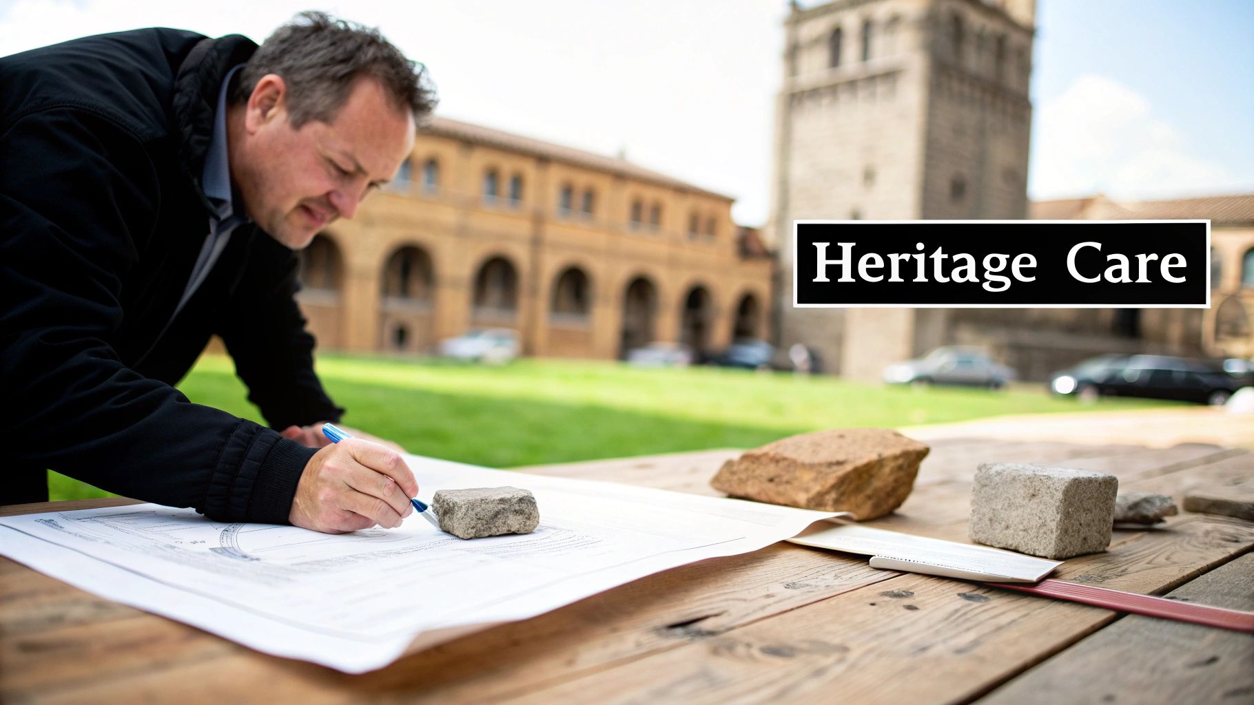 An architect reviewing blueprints for a historic listed building.