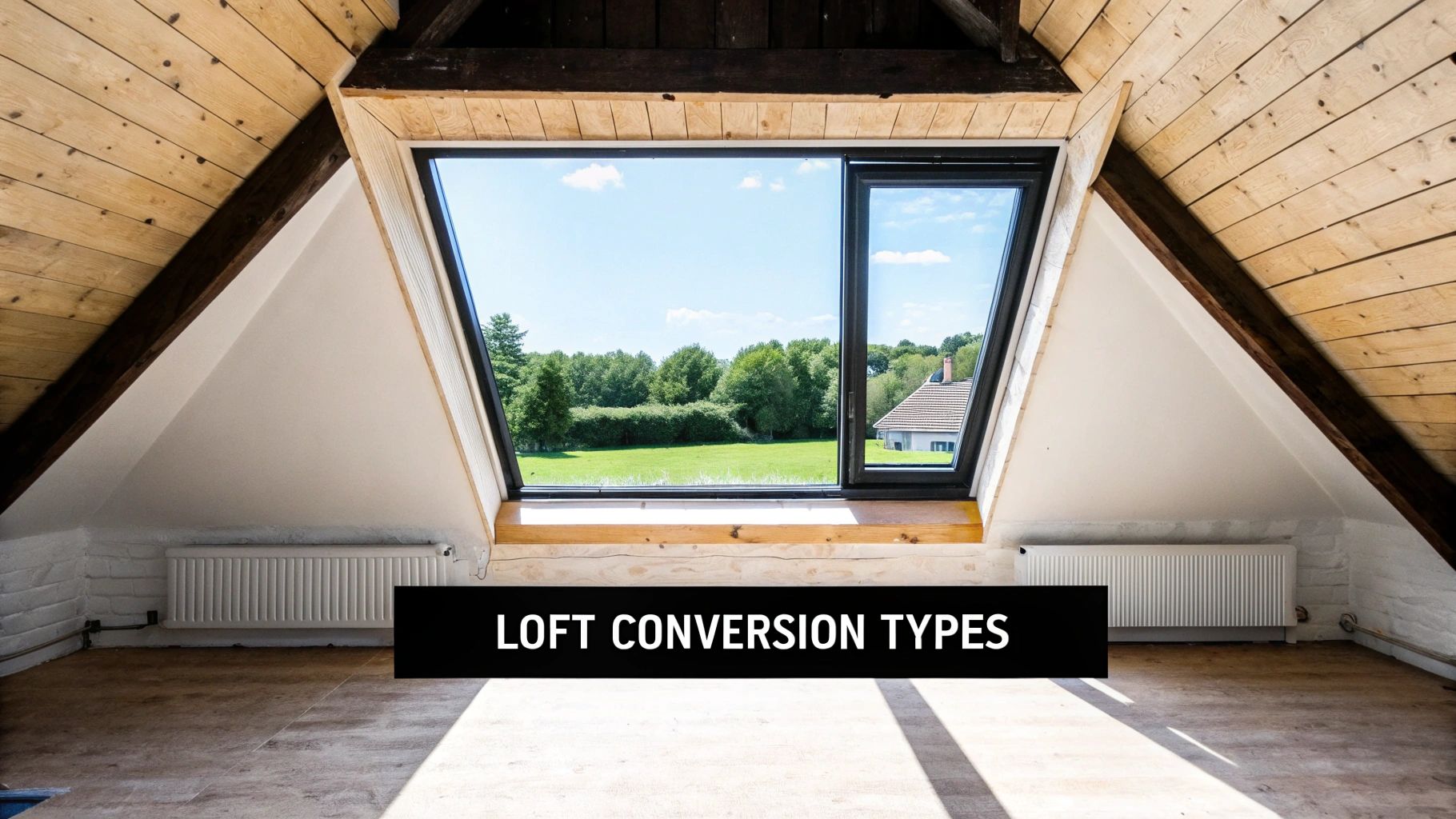 A bright, newly converted attic room with a large skylight window overlooking a green landscape.