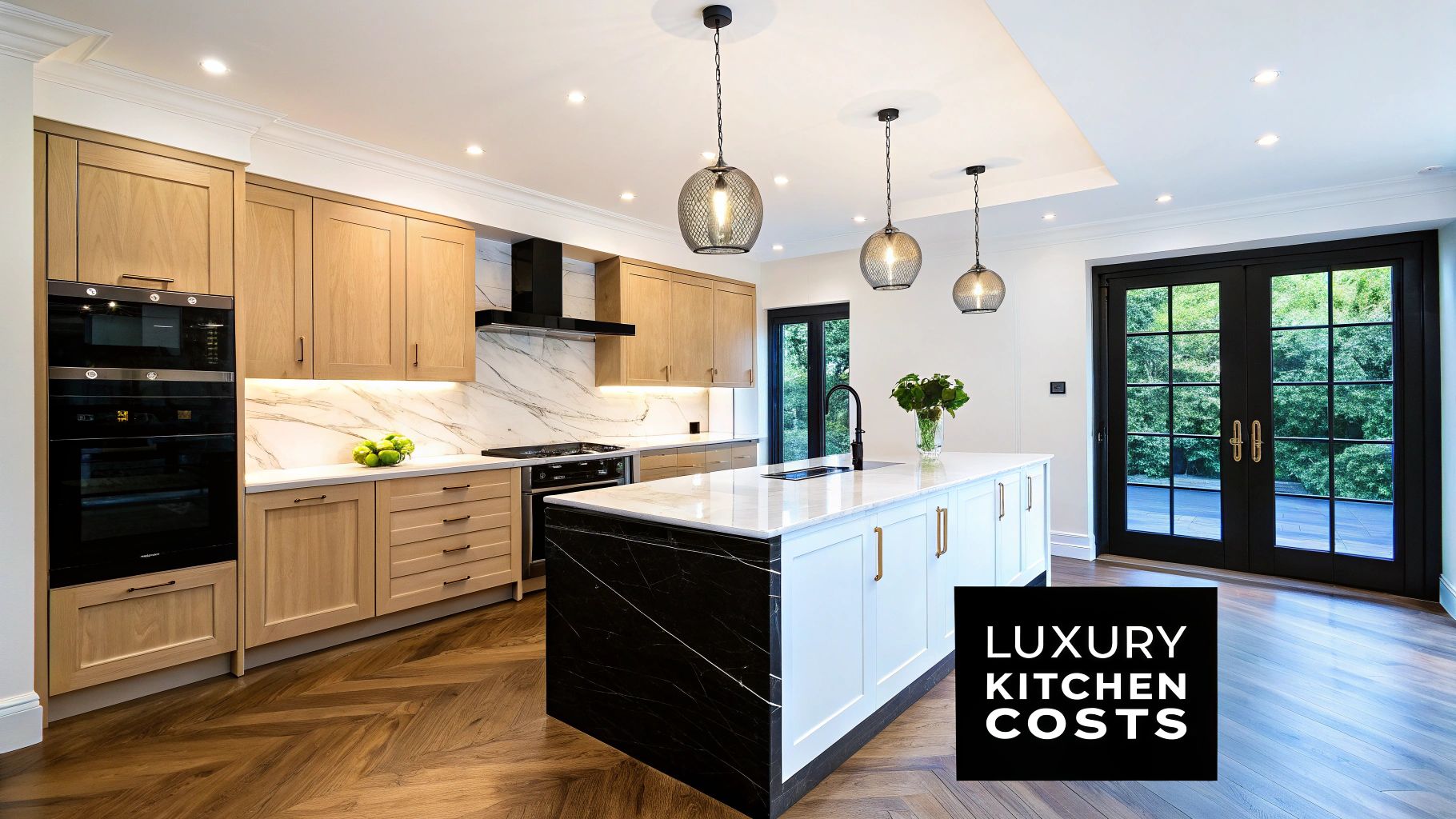 A modern luxury kitchen with light wood cabinets, marble countertops, black and white island, and wood flooring.
