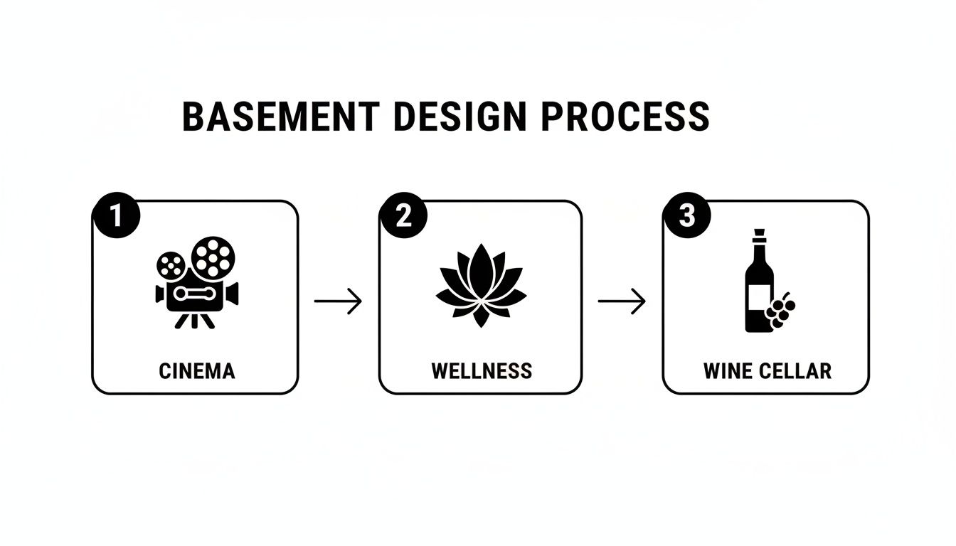 A diagram illustrating the basement design process with options for a cinema, wellness area, and wine cellar.