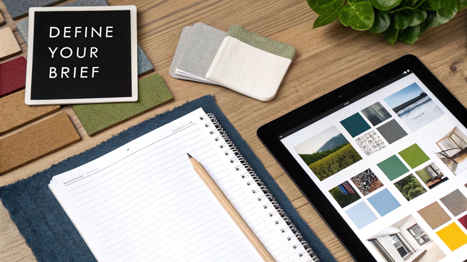 A flat lay of a designer's desk with a 'DEFINE YOUR BRIEF' sign, notebook, pencil, material samples, and a digital mood board on a tablet.