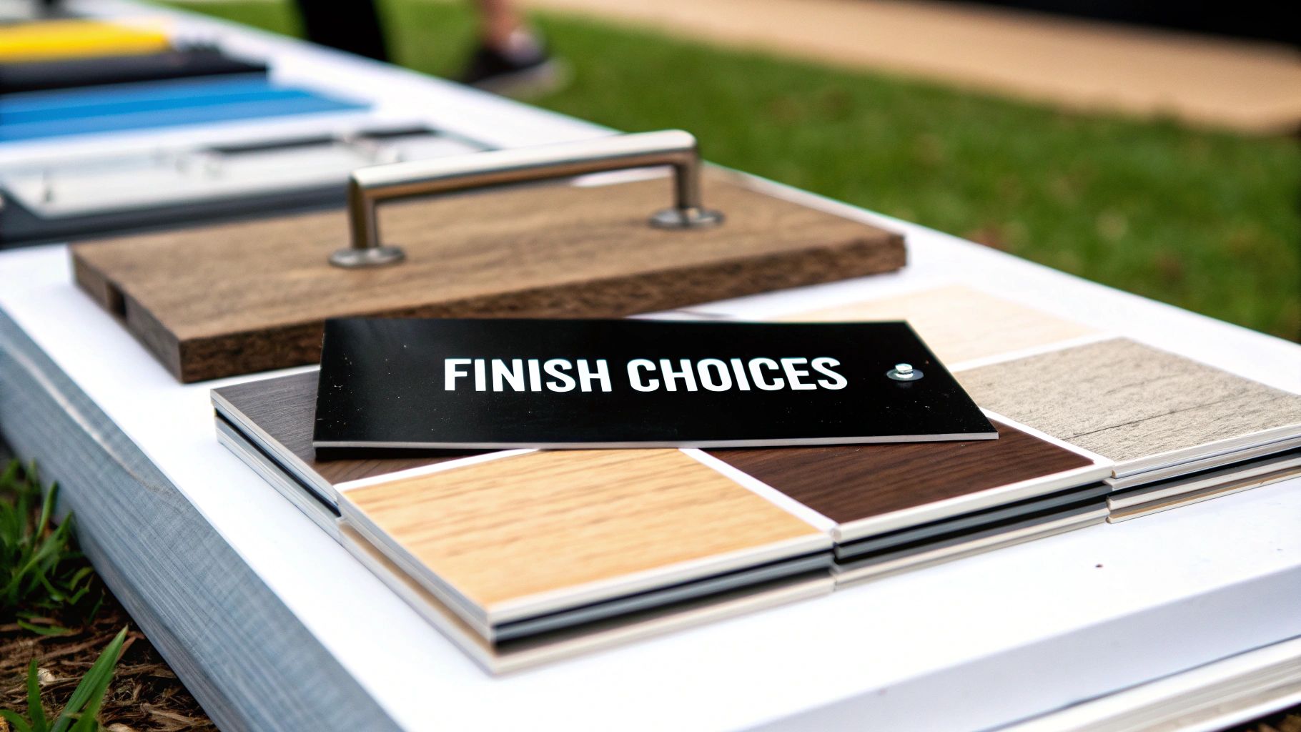 Close-up of various finish choices including wood samples, tiles, and a metal handle.