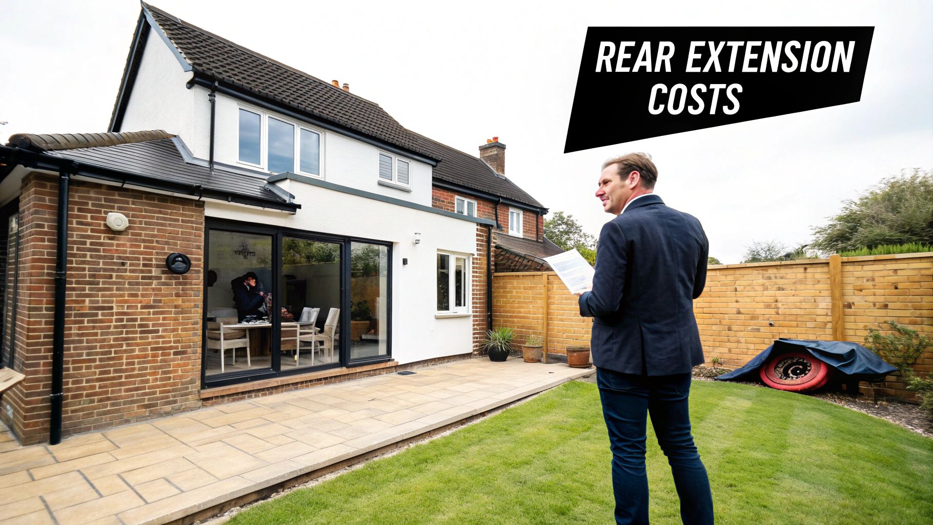 A man in a suit stands in a garden, reviewing plans for a modern rear extension to a house.