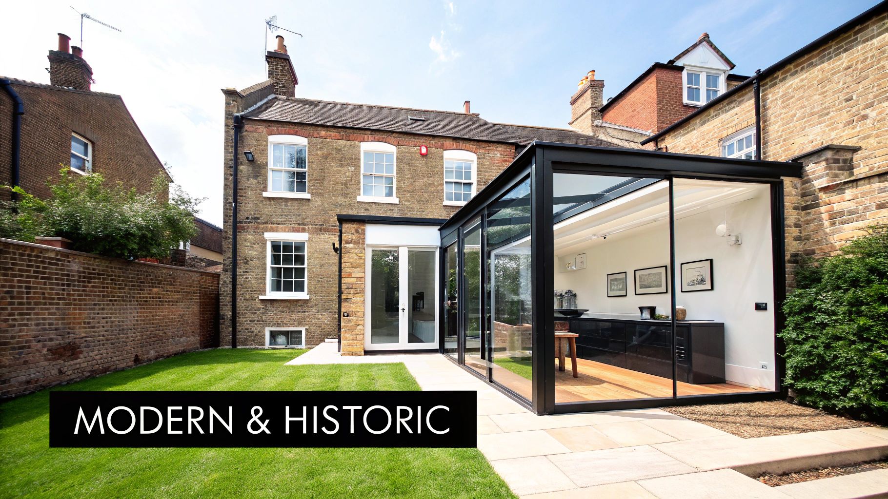 Back view of a historic brick house with a contemporary glass conservatory and garden.