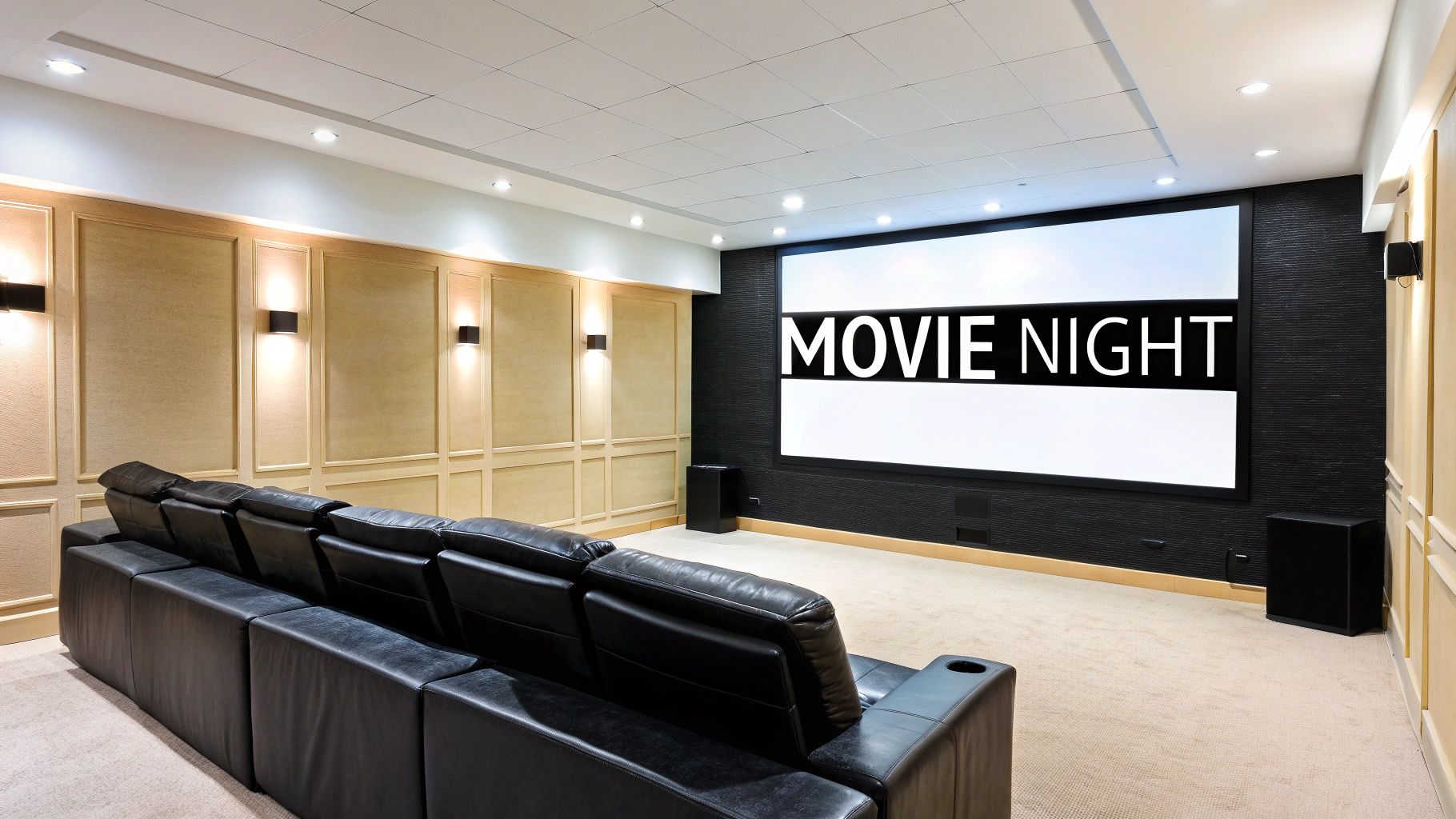 A luxurious home cinema room with black leather recliners, a large screen displaying &#39;MOVIE NIGHT&#39;, and warm wall lighting.