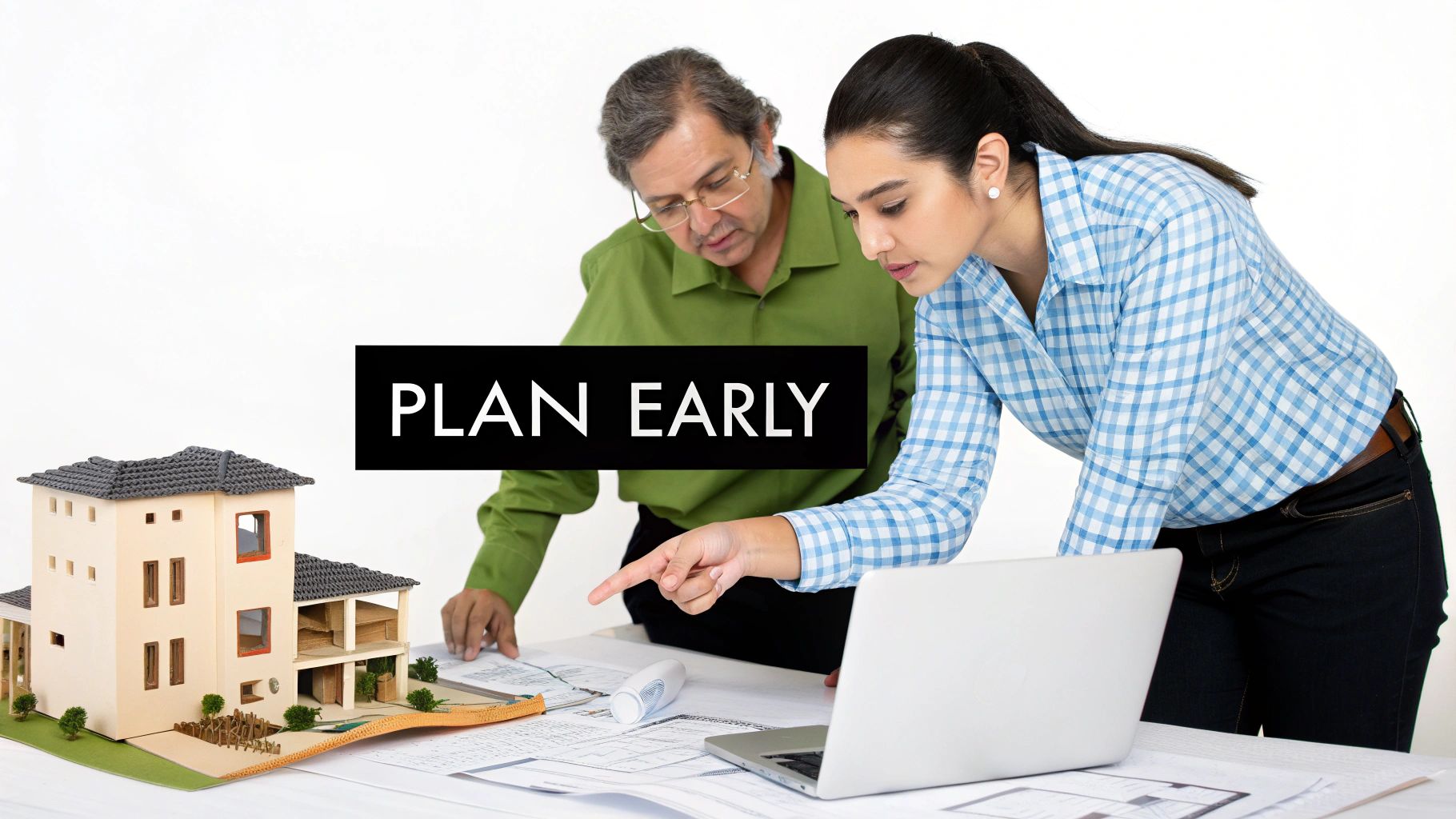Two architects, an older man and a younger woman, collaborate on house plans and a model, emphasizing early planning.