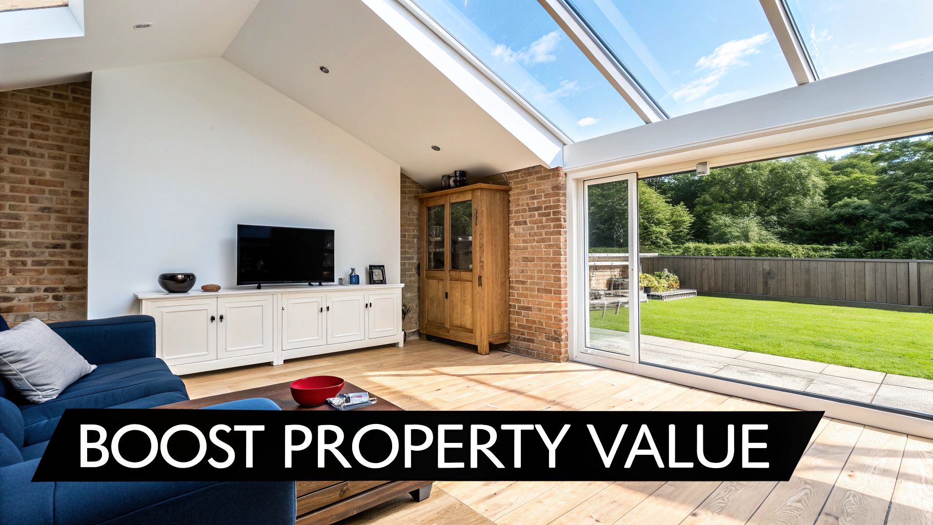 Modern living room with a large glass roof and bi-fold doors opening to a lush green garden.