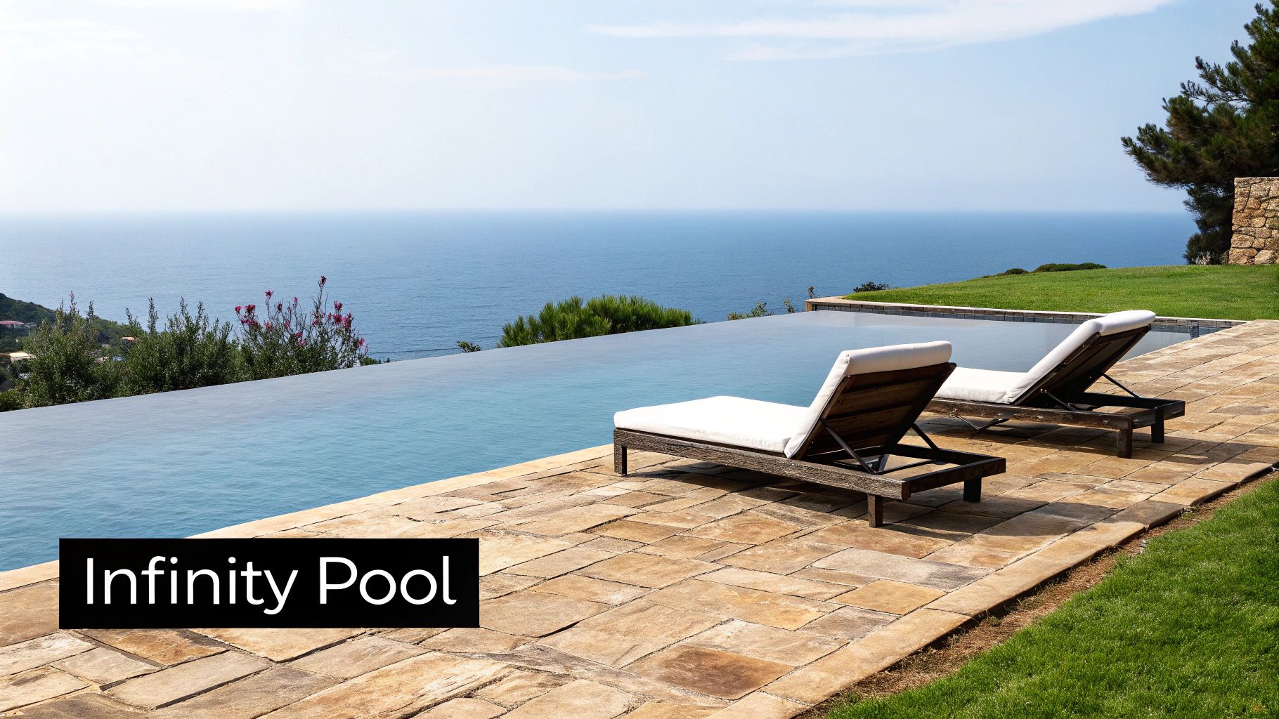 An inviting infinity pool with two lounge chairs on a stone patio overlooking the blue ocean under a clear sky.