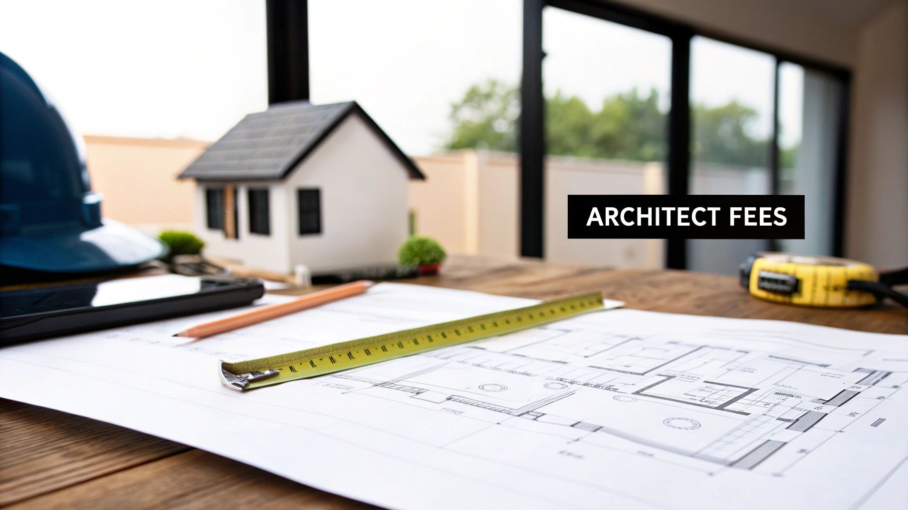Architect's desk with blueprints, a model house, tools, and a banner saying 'ARCHITECT FEES'.