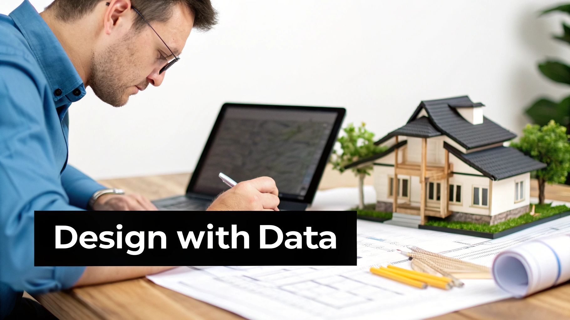 An architect uses a laptop with blueprints and a house model, emphasizing design with data.