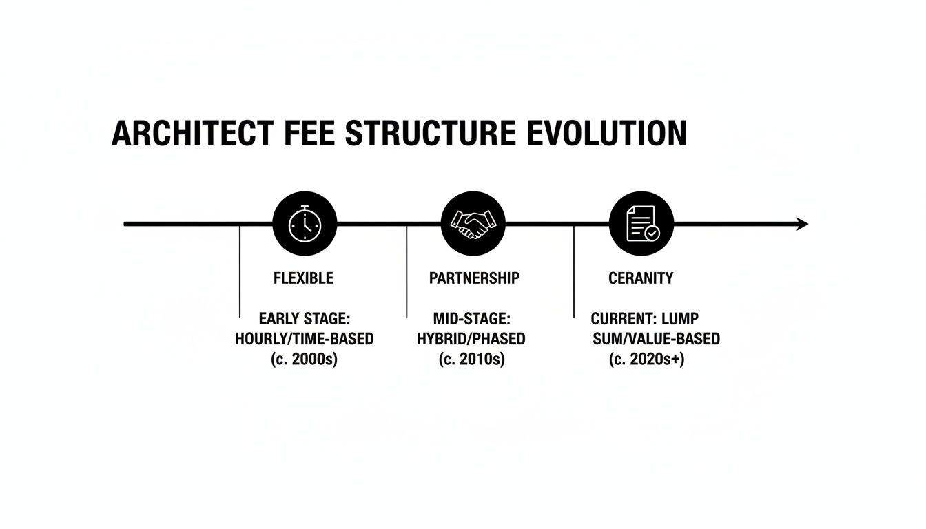 Timeline illustrating the evolution of architect fee structures from hourly to value-based from the 2000s to 2020s.