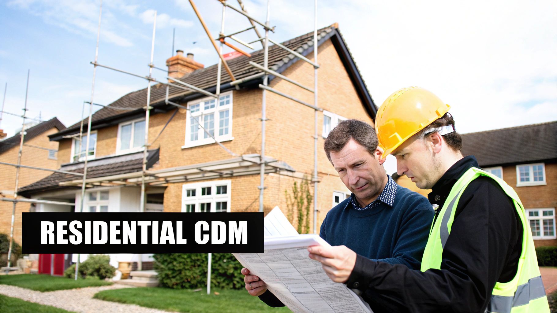 Two men, one in a hard hat, reviewing construction plans in front of a house with scaffolding.
