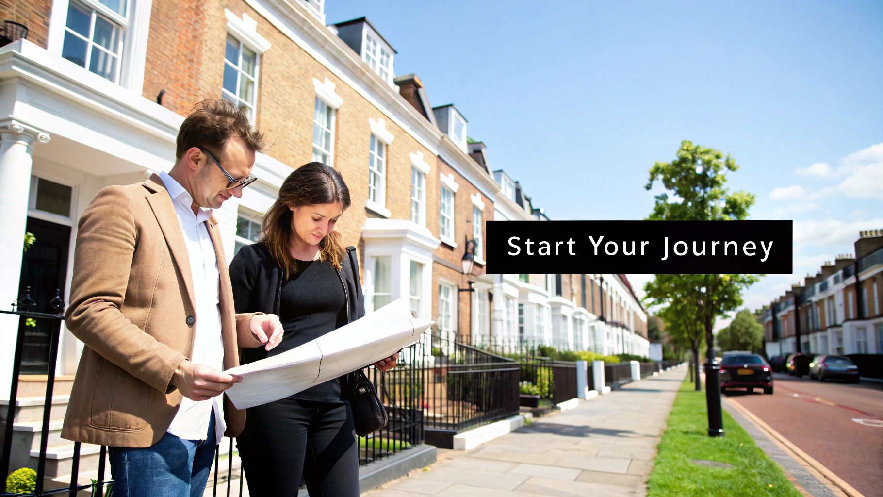A man and a woman review architectural plans together outside elegant brick houses on a sunny day.